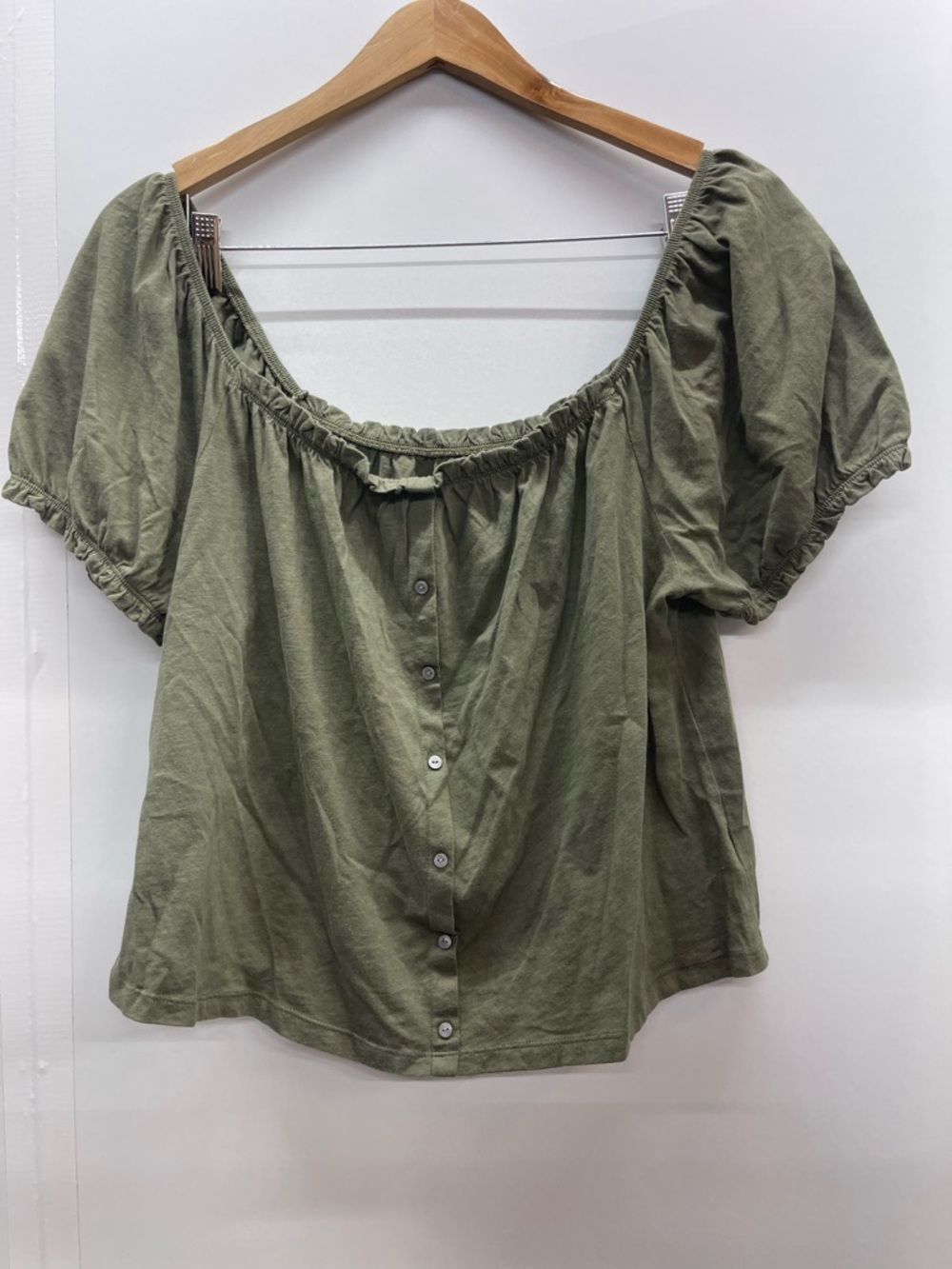American Eagle Outfitters Olive Green Off-Shoulder Puff Sleeve Top